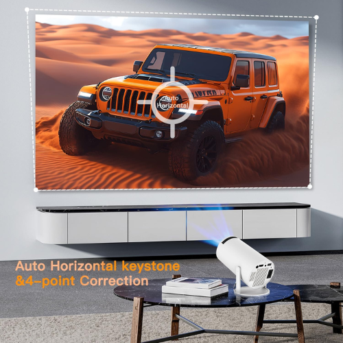 Orange Jeep Wrangler on a desert landscape projected onto a screen with 'Auto Horizontal keystone & 4-point Correction' text.